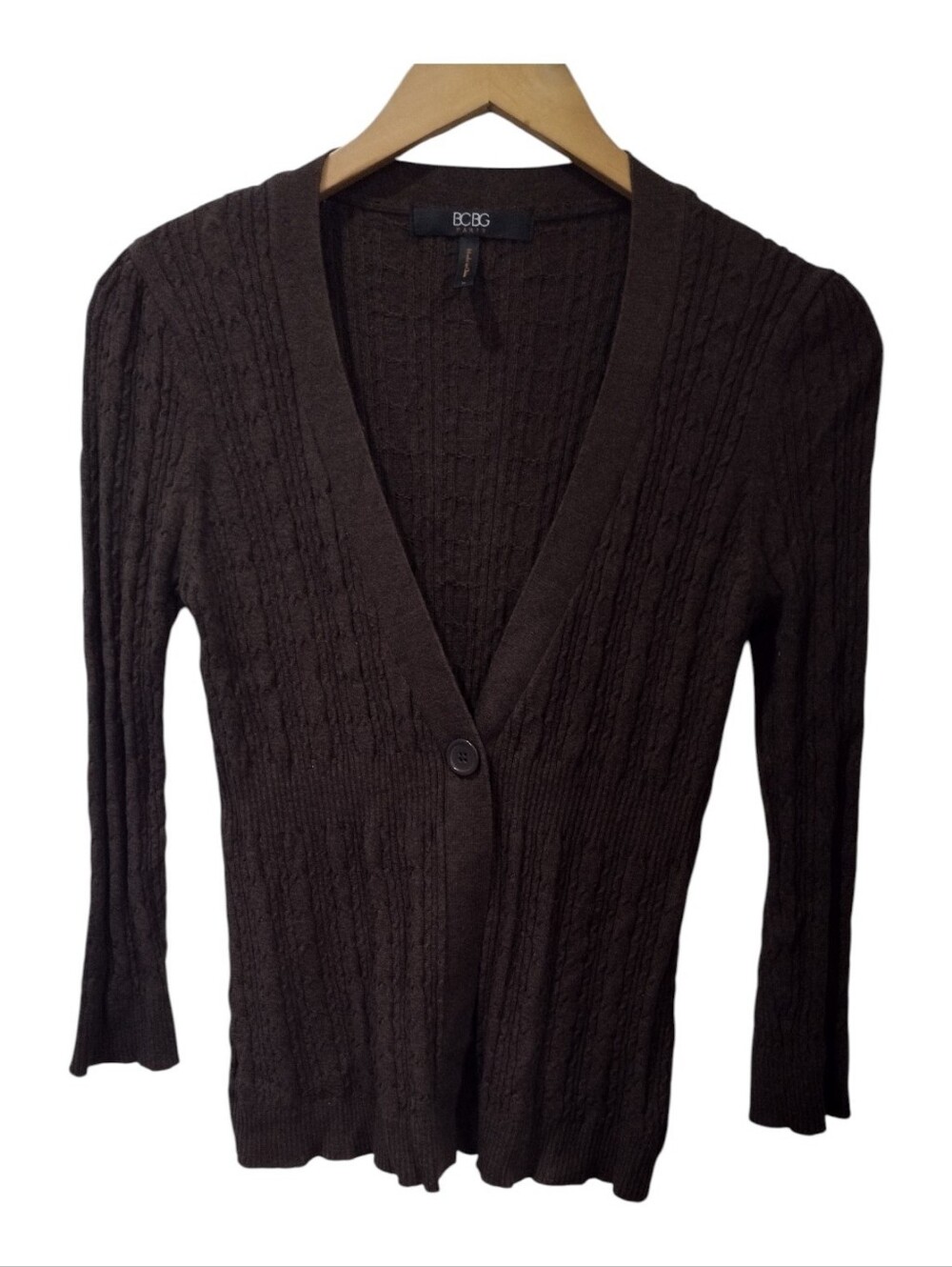 BCBG Brown Cable Knit V-Neck Cardigan